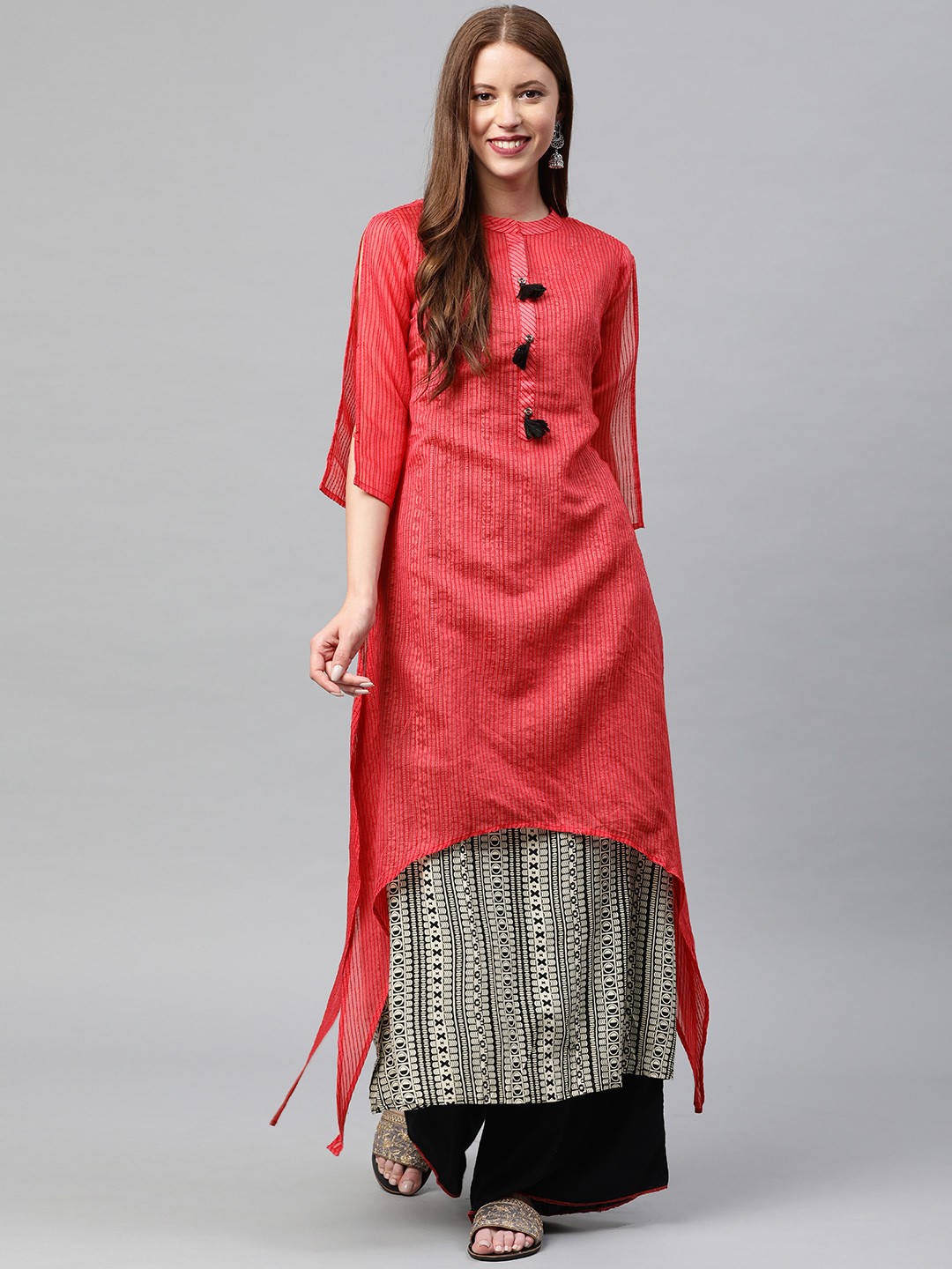 

Neerus Women Red & Off-White Self Striped Chanderi Silk A-Line Layered Kurta