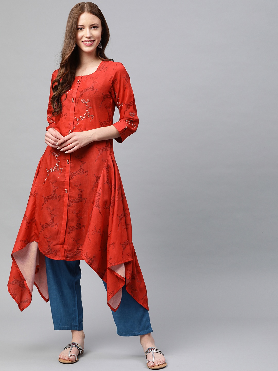 

Neerus Women Red Printed A-Line Kurta With Embroidery