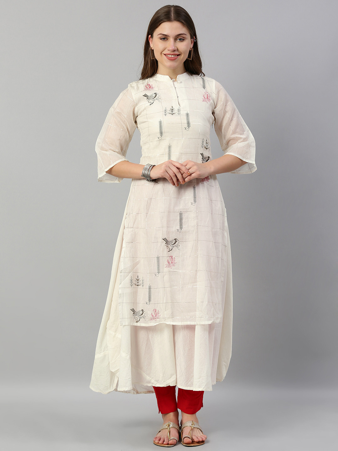 

Neerus Women Off-White & Golden Checked with Quirky Detailing Layered A-Line Kurta
