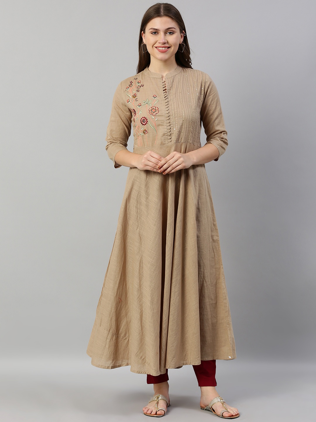 

Neerus Women Beige Yoke Design A-Line Kurta with Embroidery
