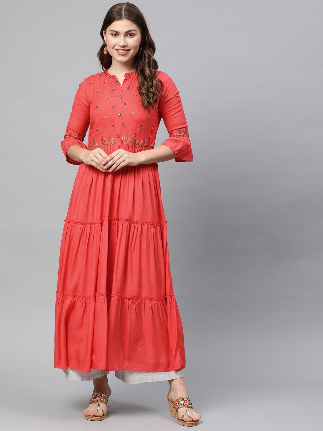 

Neerus Women Red Woven Design A-Line Tiered Kurta