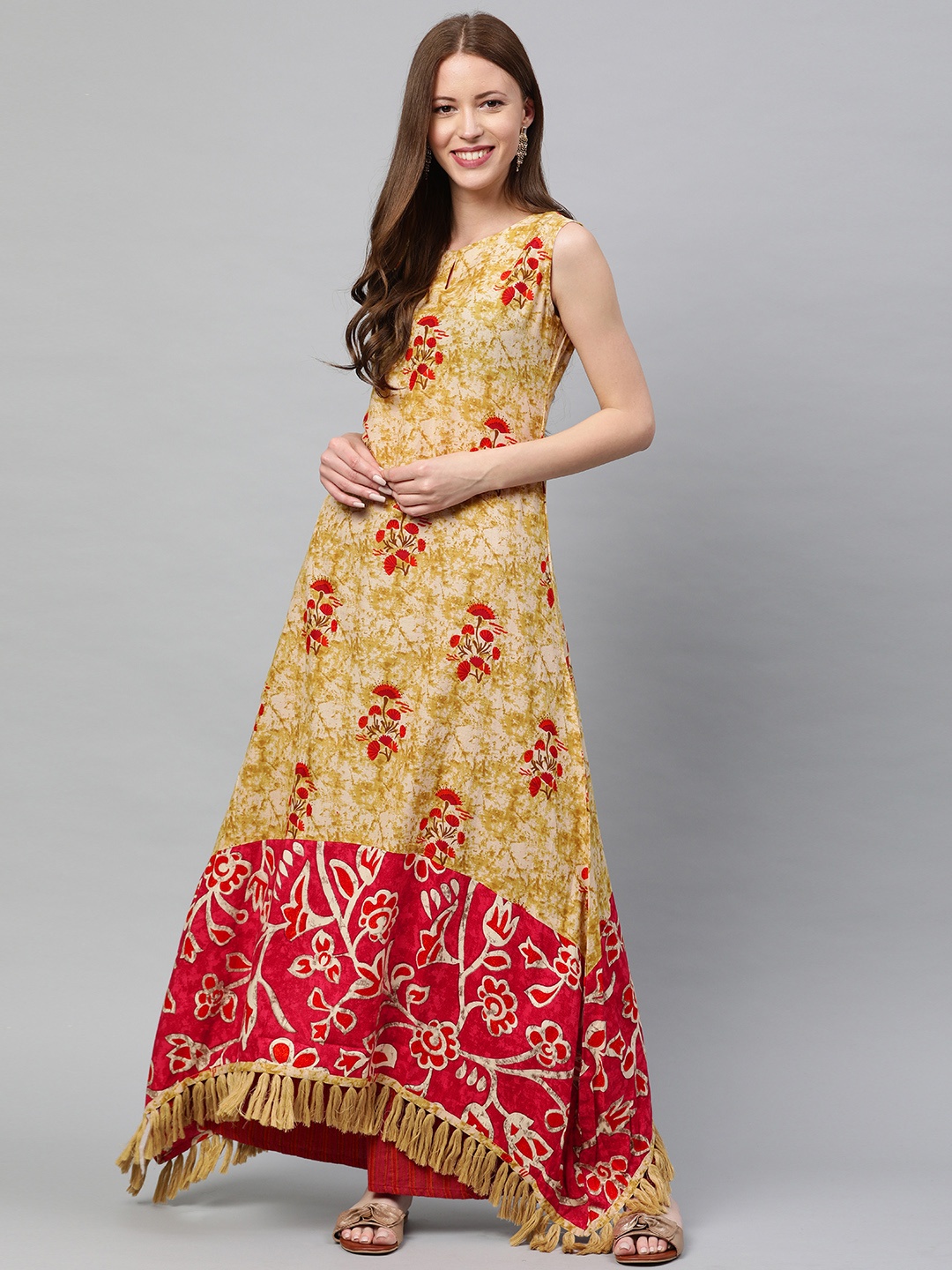 

Neerus Women Beige & Red Printed Asymmetric A-Line Kurta with Tasseled Hem
