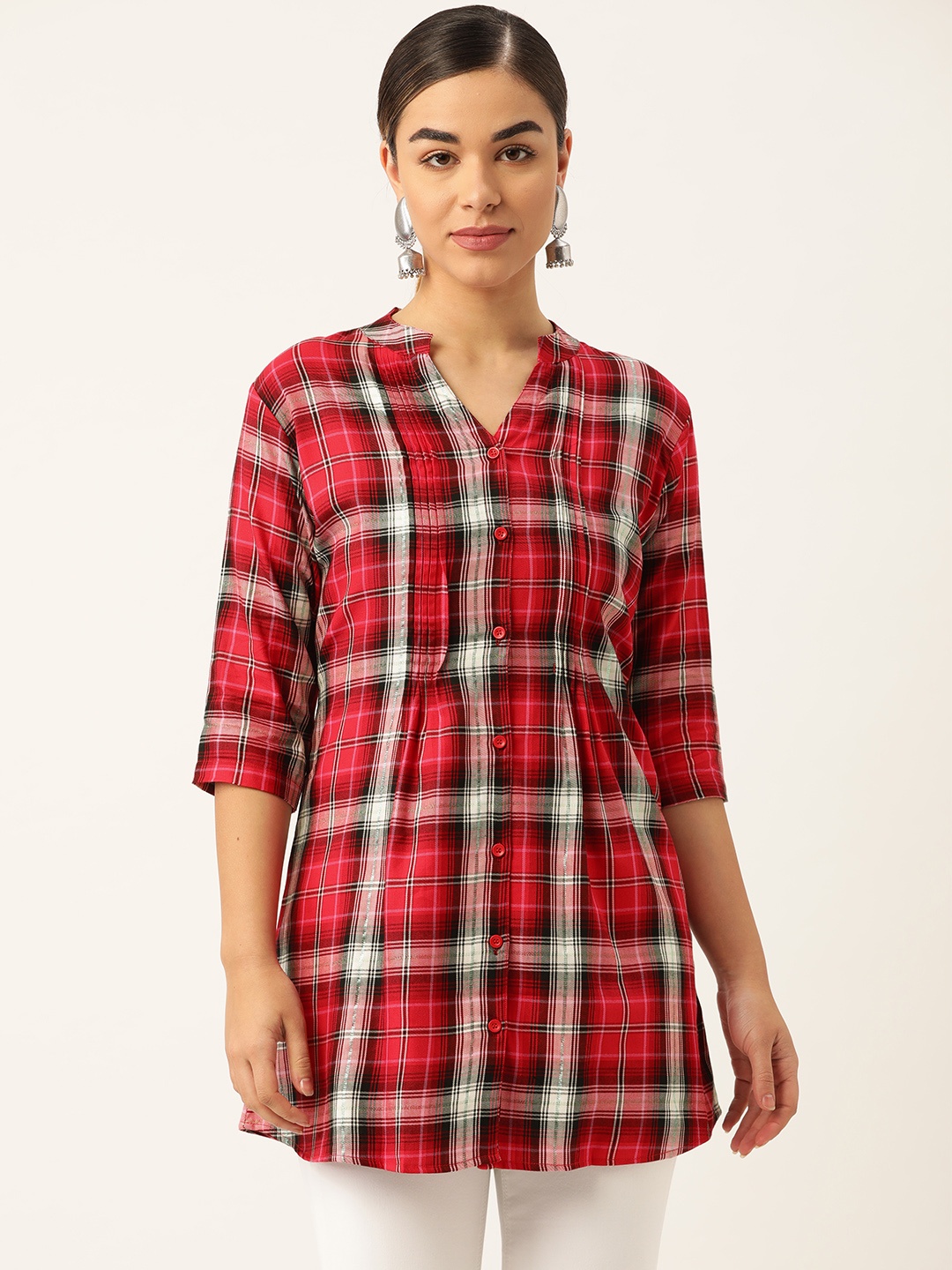 

One Femme Women Red & White Checked Tunic