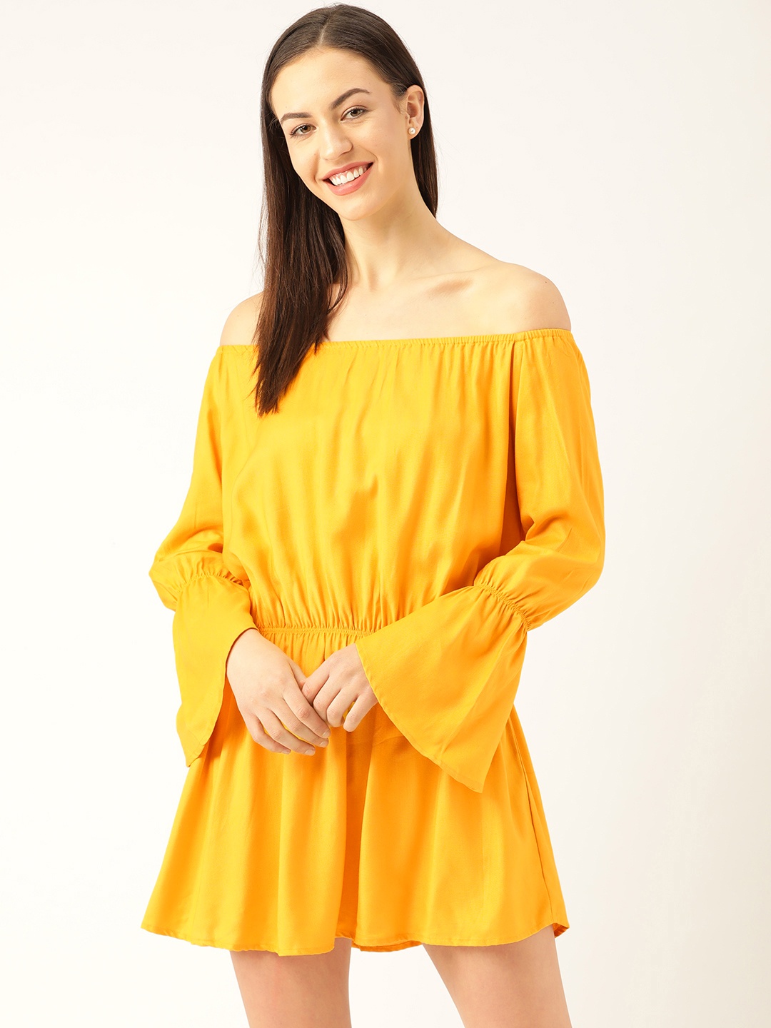 

Qsymia Women Mustard Yellow Off-Shoulder Solid A-Line Dress