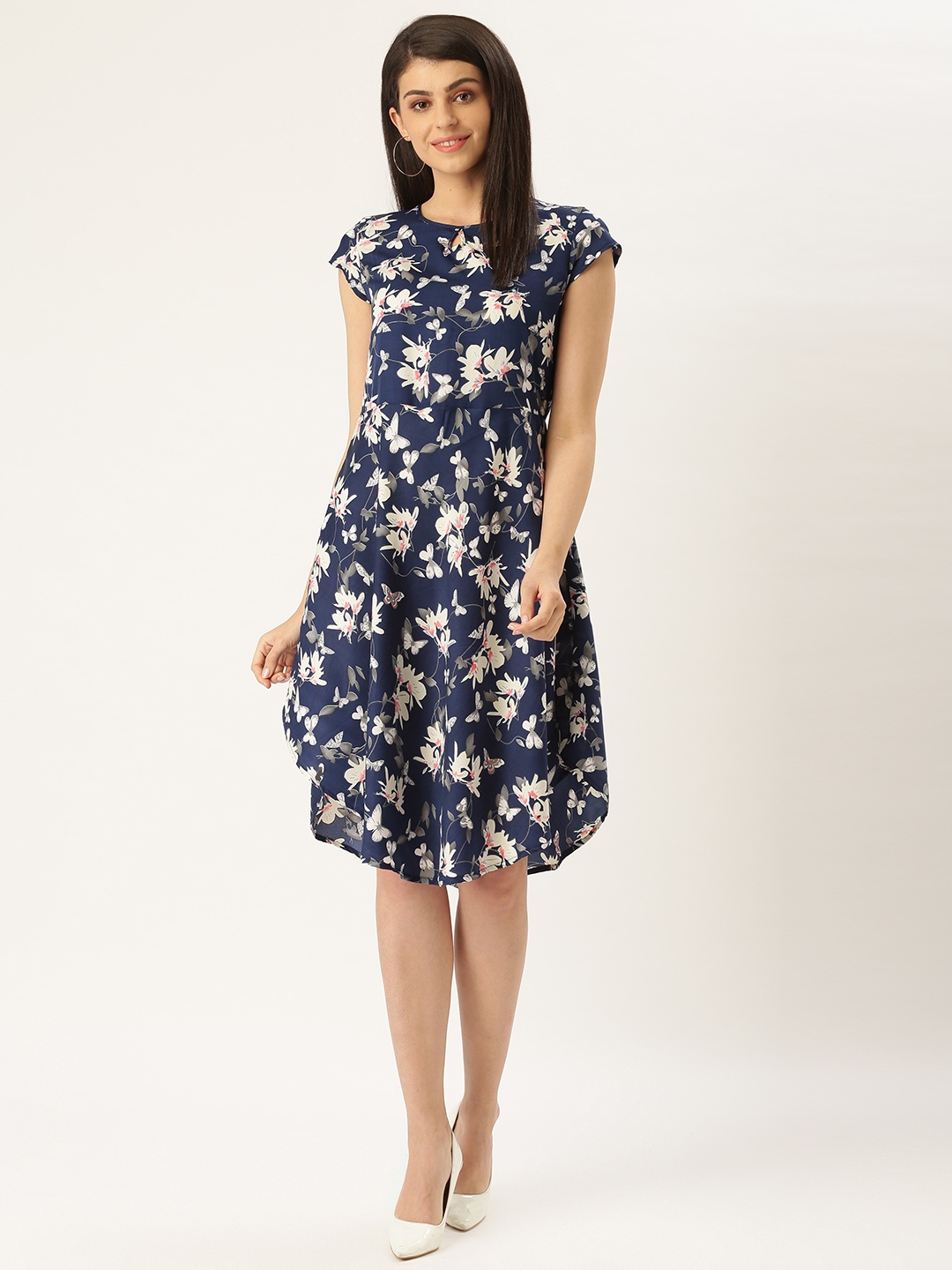 

Qsymia Women Navy Blue & White Printed A-Line Dress