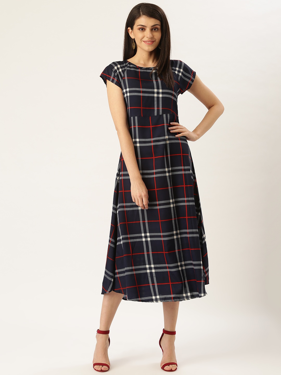 

Qsymia Women Navy Blue & White Checked A-Line Dress
