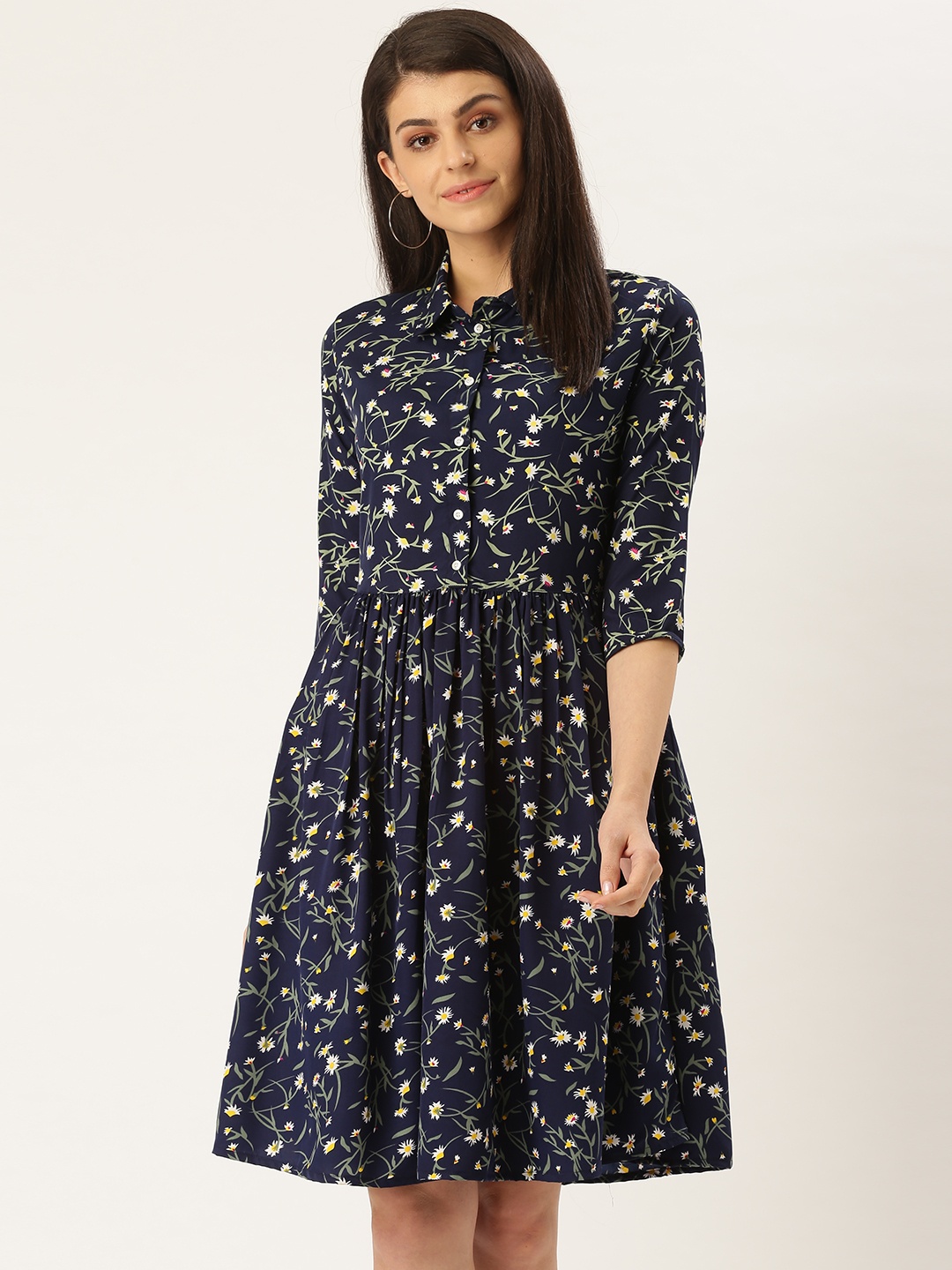 

Qsymia Women Navy Blue & White Printed Shirt Dress