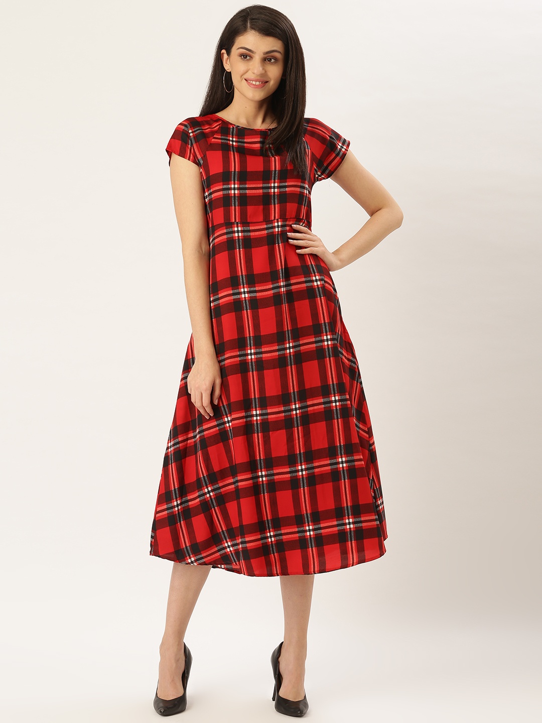 

Qsymia Women Red & Black Checked Midi A-Line Dress