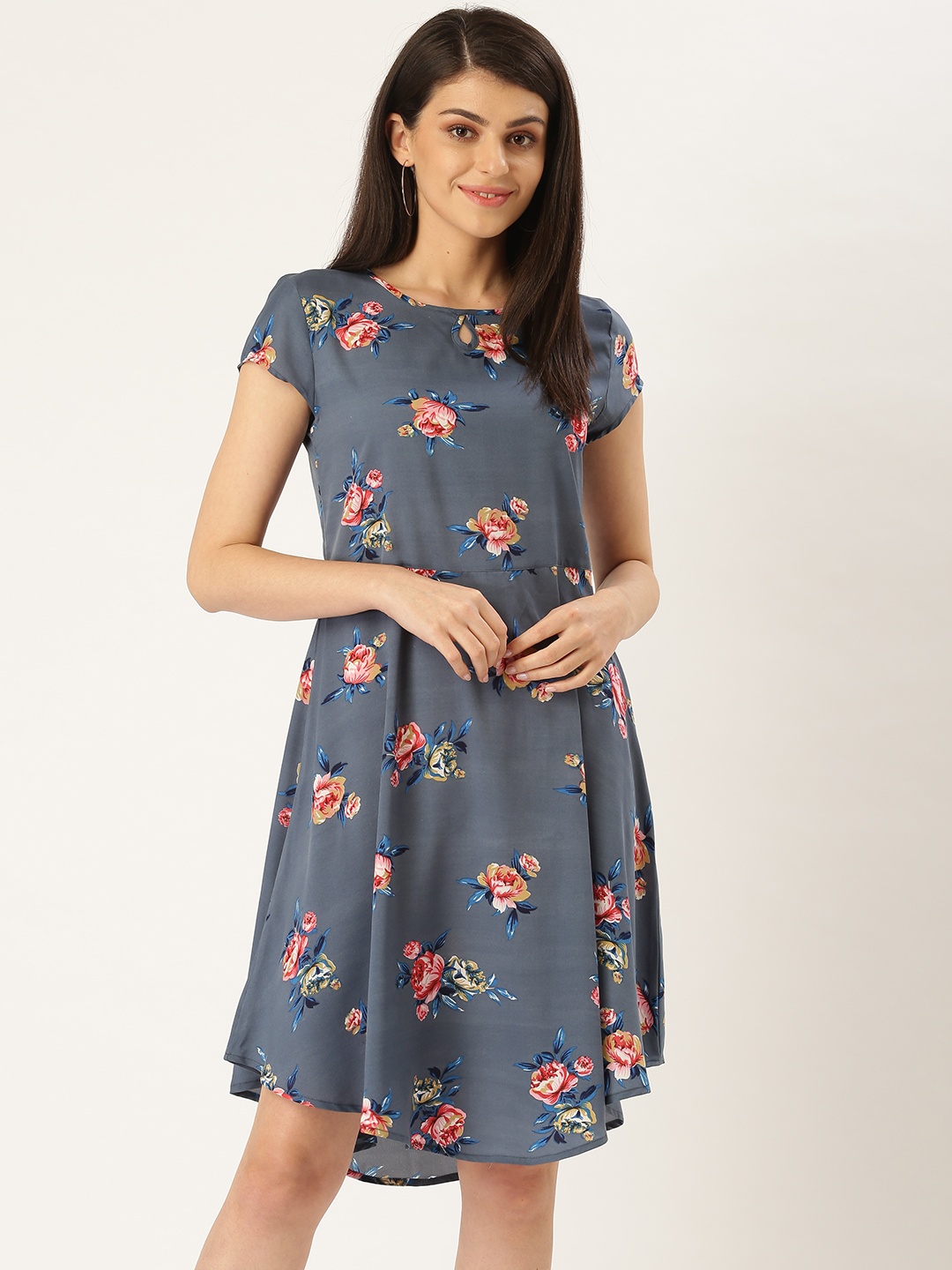 

Qsymia Women Grey & Pink Floral Printed A-Line Dress