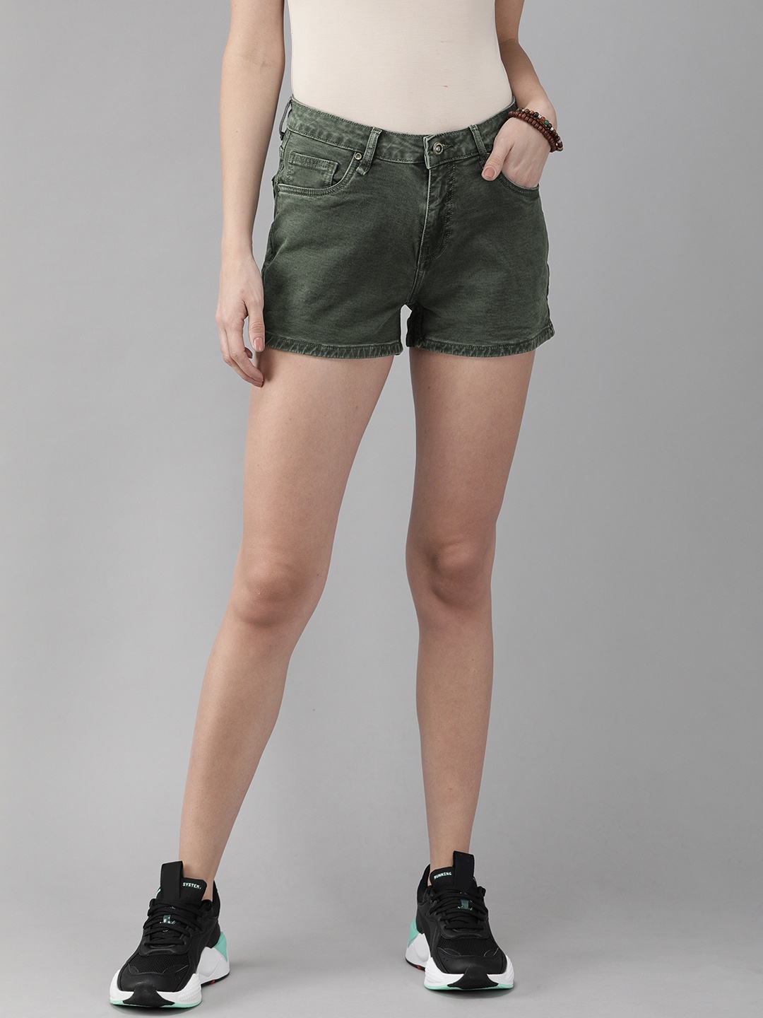 

Roadster Women Olive Green Solid Regular Fit Denim Shorts