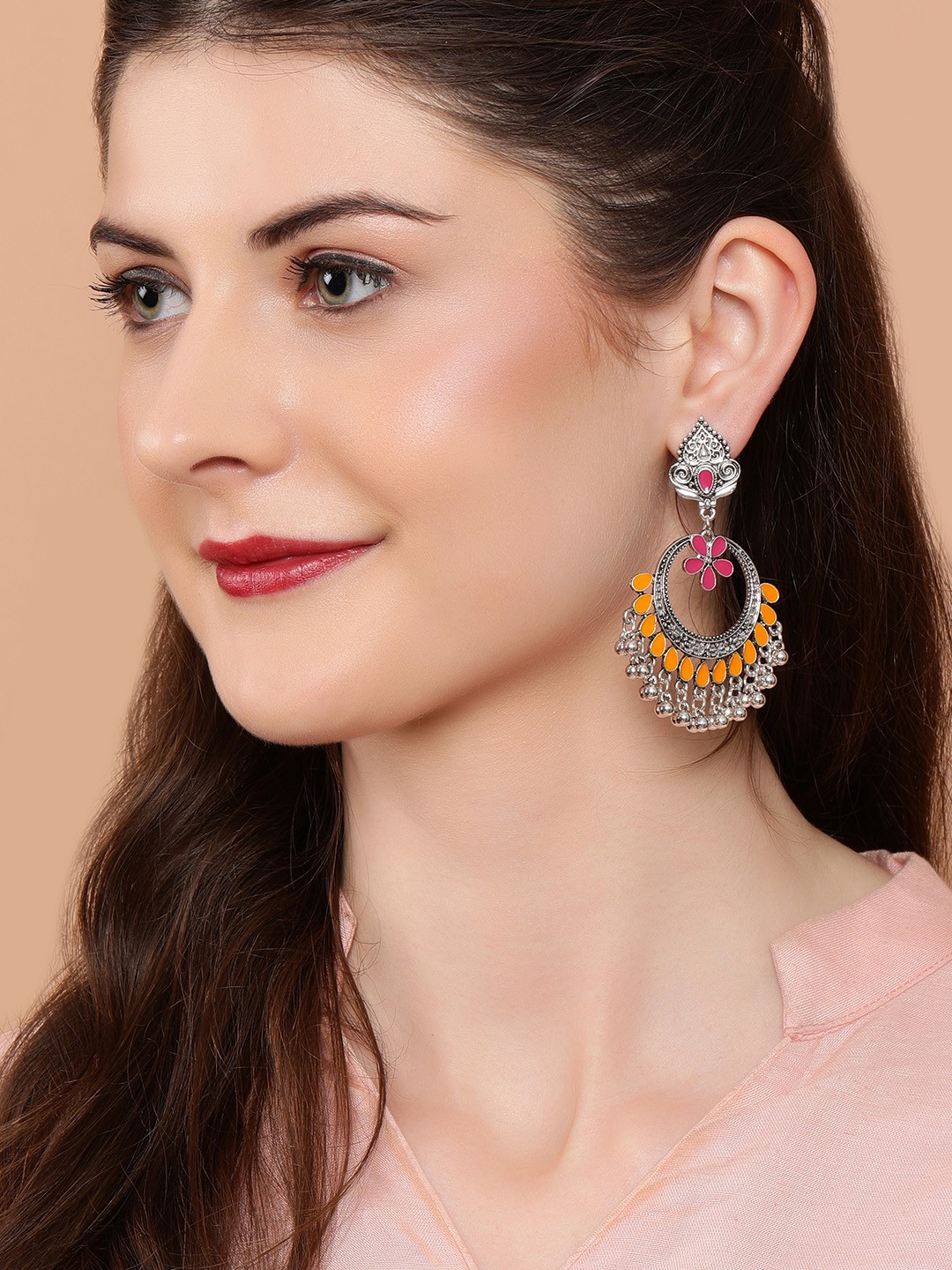 

Rubans Silver-Plated & Pink Classic Enameled Drop Earrings