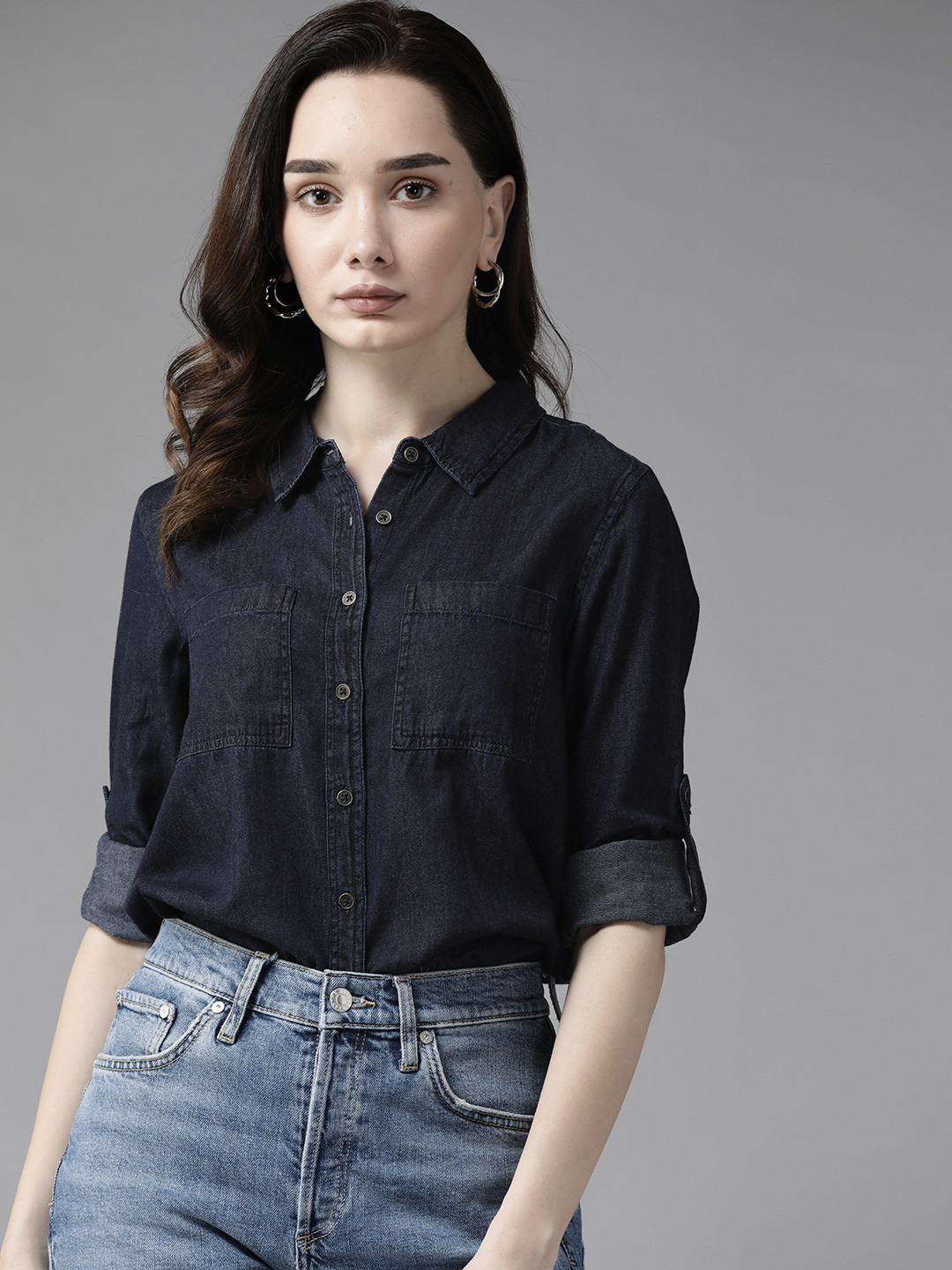 

Roadster Women Navy Blue Solid Pure Cotton Chambray Casual Shirt