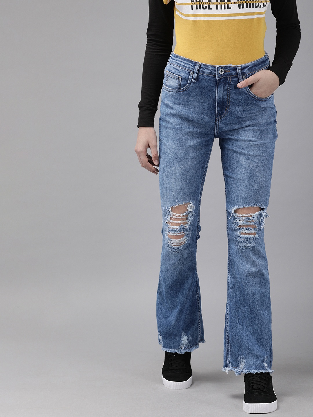 

Roadster Women Blue Flared Mid-Rise Highly Distressed Stretchable Jeans