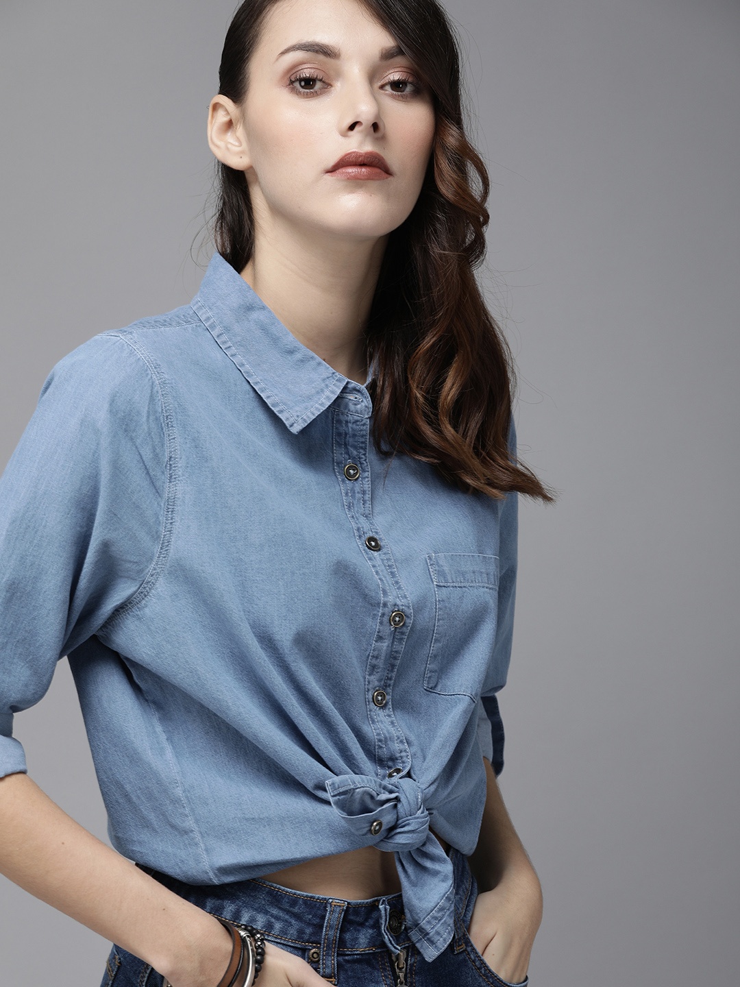 

Roadster Women Blue Regular Fit Solid Chambray Casual Shirt