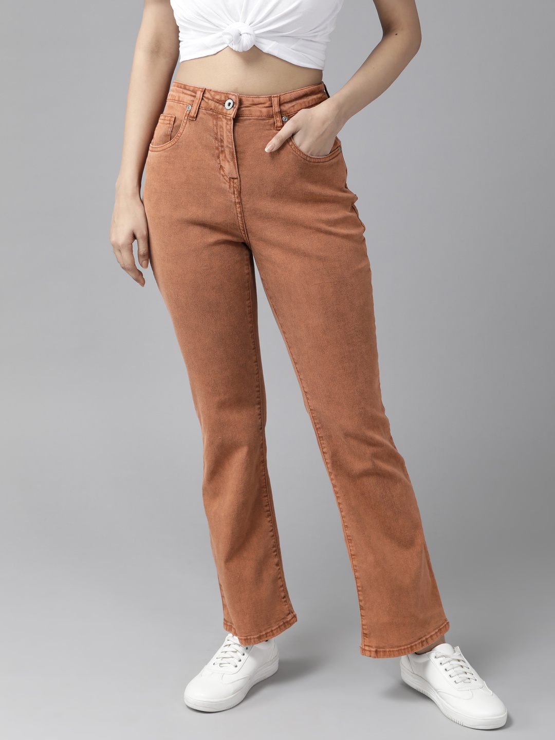 

Roadster Women Rust Orange Flared High-Rise Clean Look Stretchable Jeans