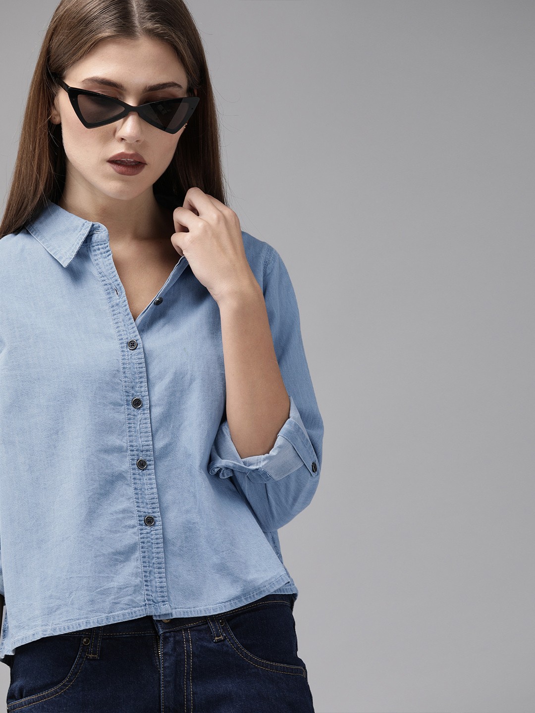 

Roadster Women Blue Boxy Faded Casual Shirt