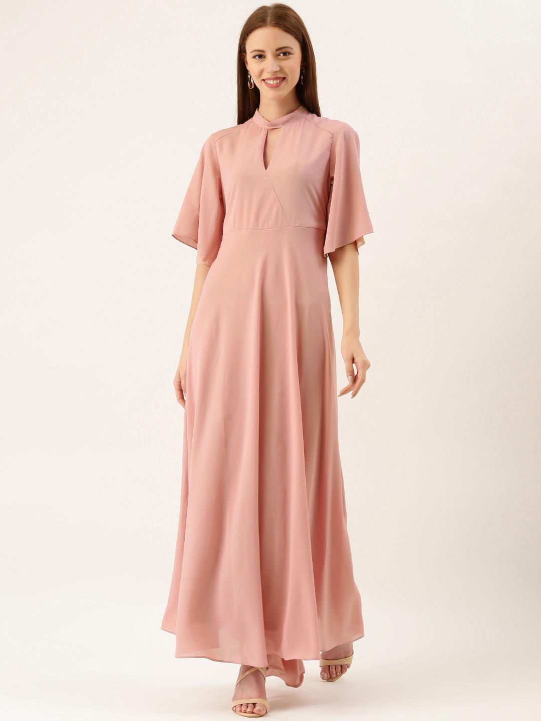 

AND Women Pink Solid Choker Neck Flutter Sleeves Maxi Dress with Tie-Up Detail