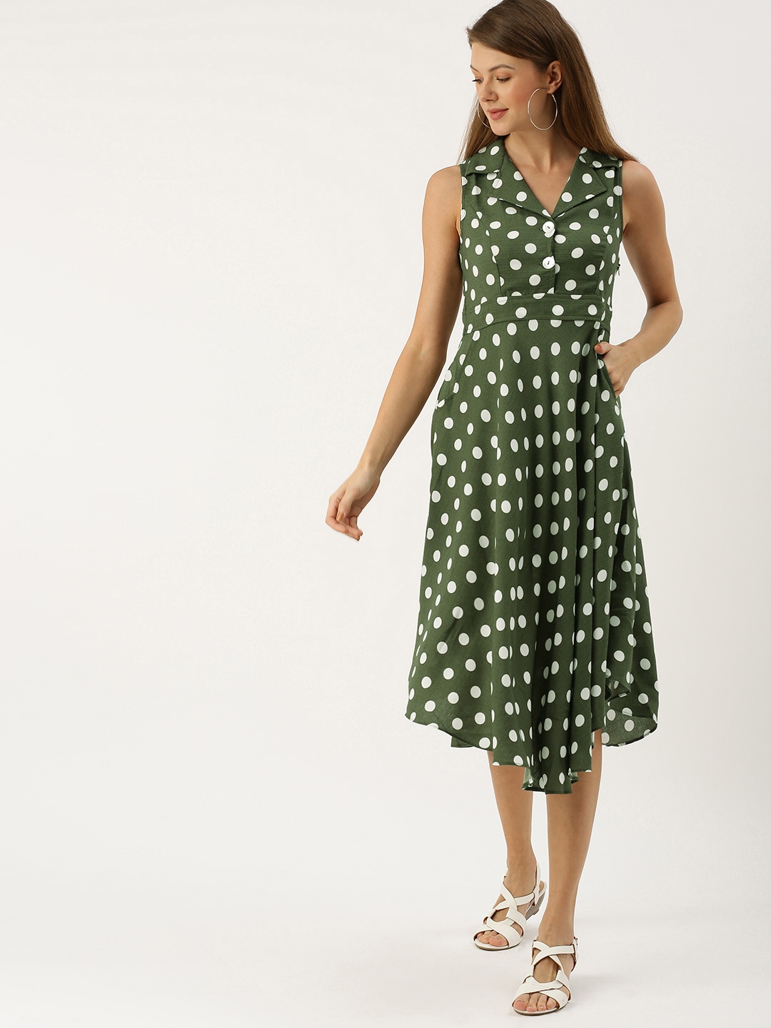 

AND Women Olive Green & White Polka Dot Printed Fit and Flare Dress