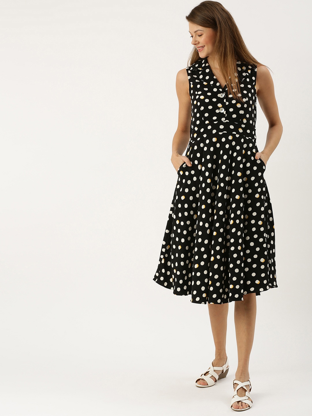 

AND Women Black & White Polka Dot Printed Fit and Flare Dress