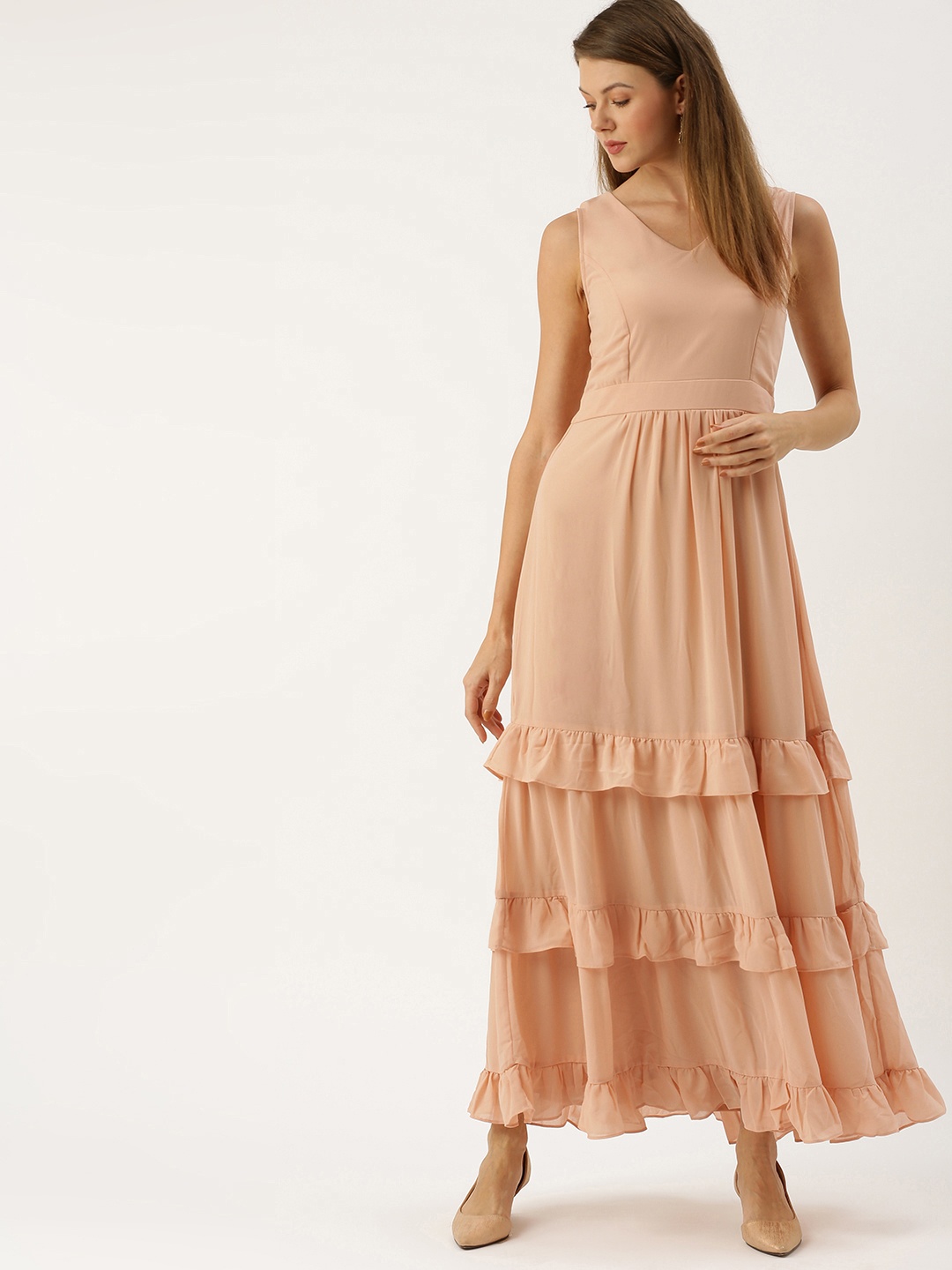 

AND Women Peach-Coloured Solid Tiered Maxi Dress
