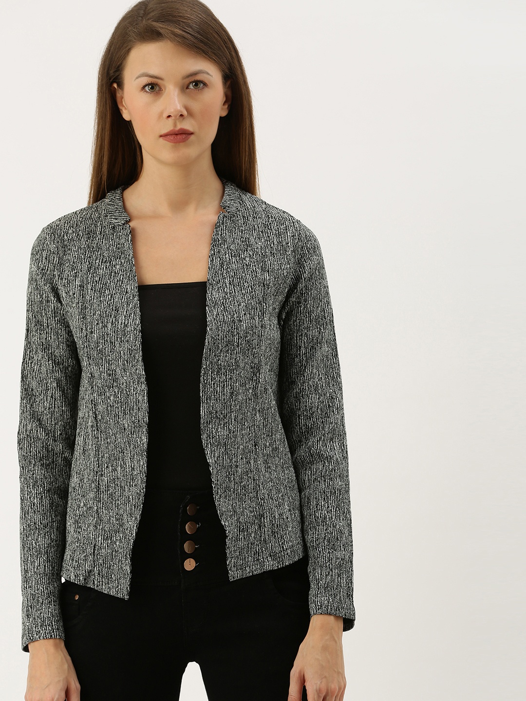 

AND Women Black & White Self Design Open Front Jacket