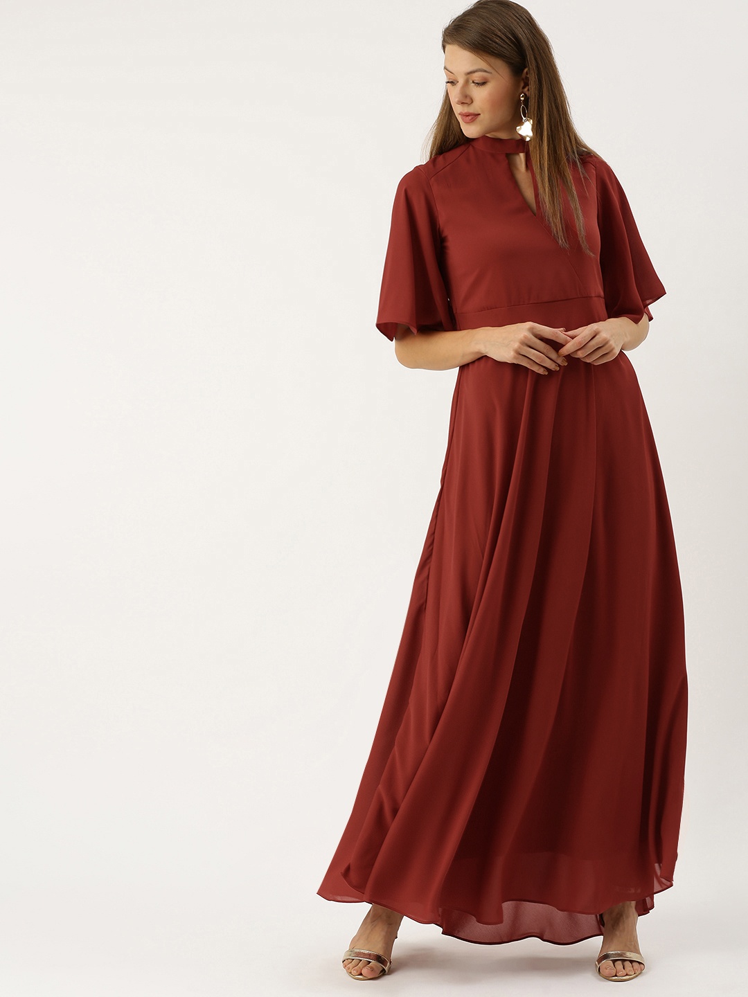 

AND Women Maroon Solid Choker Neck Maxi Dress With Tie-Ups