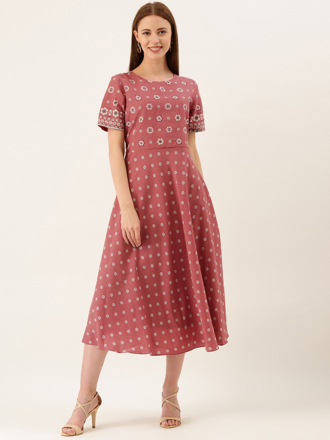 

AND Women Pink & Sea Green Printed Fit and Flare Dress with Waist Tie-Up Detail