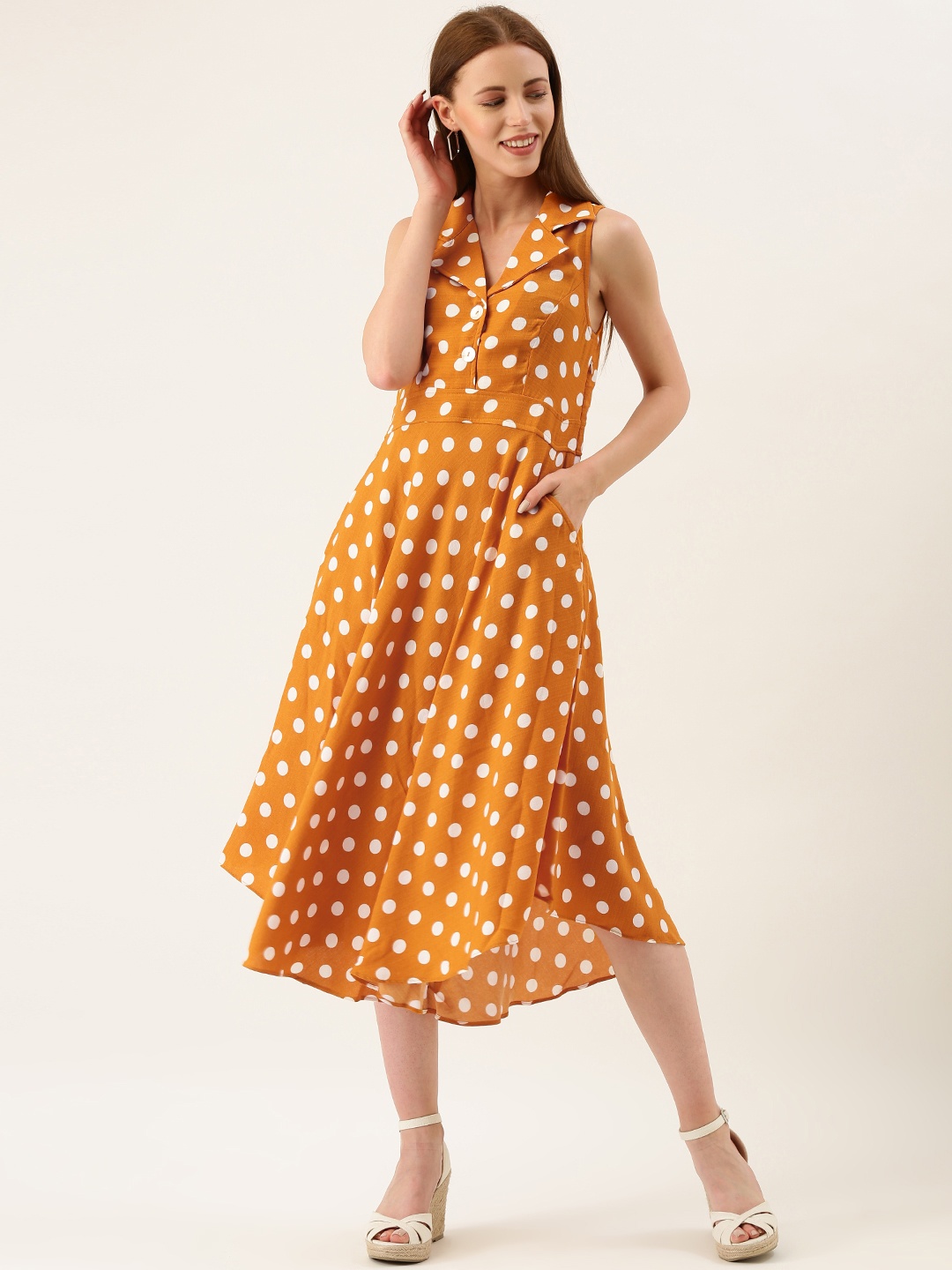 

AND Women Mustard Yellow & White Printed Fit and Flare Dress
