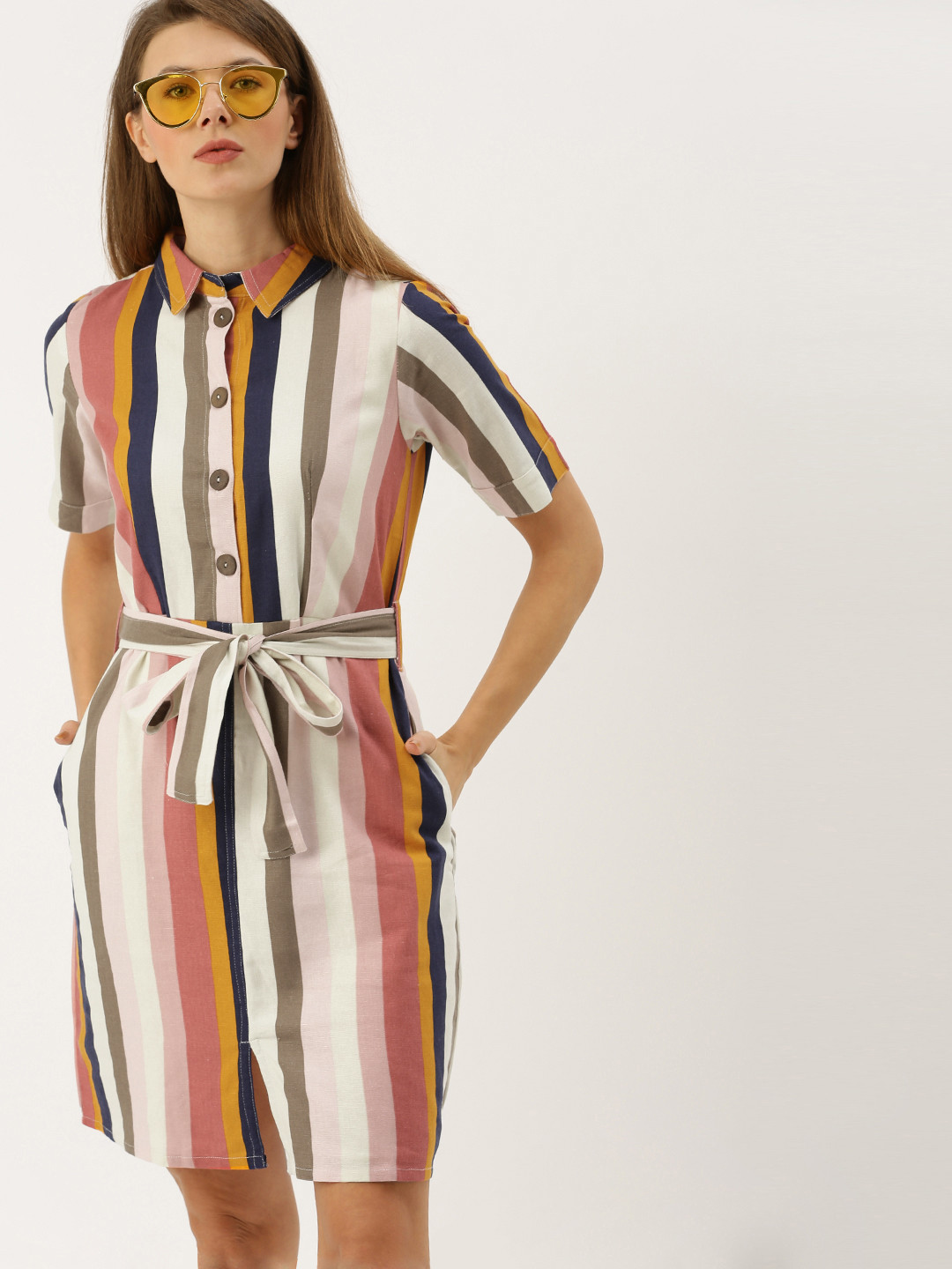 

AND Women Multicoloured Striped Sheath Dress with Tie-Ups, Multi