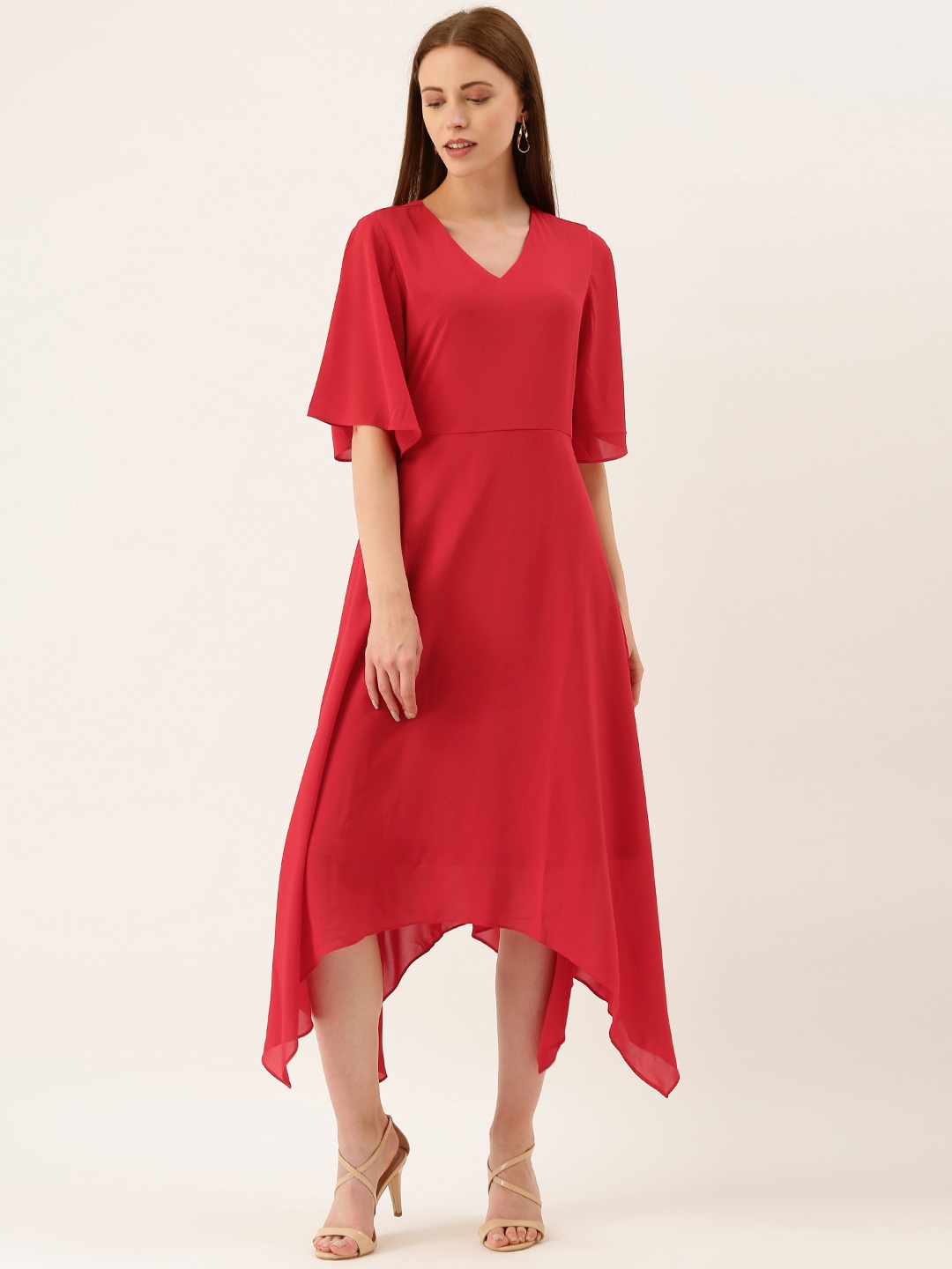 

AND Women Red Solid A-Line Asymmetric Dress with Waist Tie-Up Detail