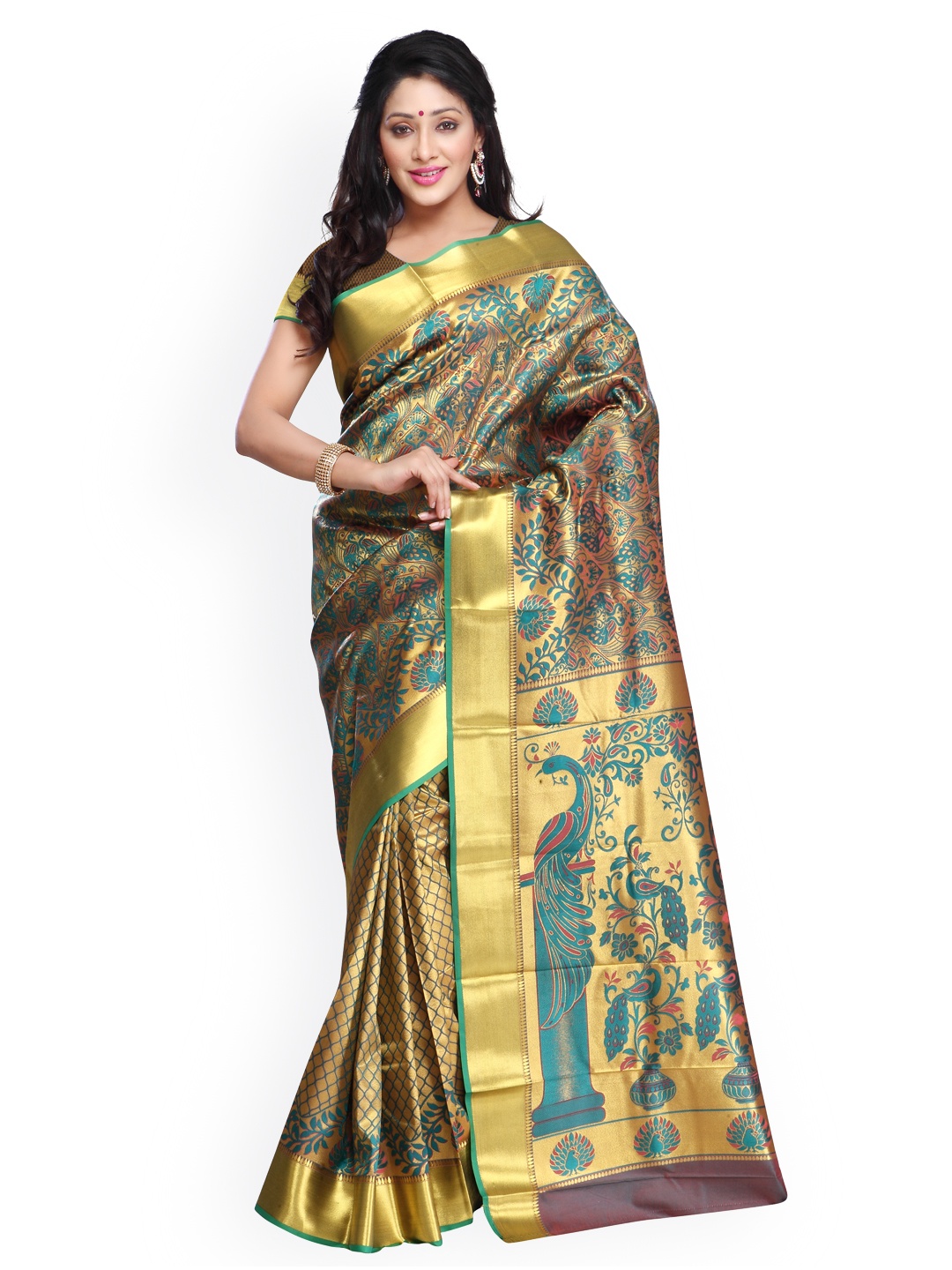 

Varkala Silk Sarees Teal Green & Gold-Toned Brocade Art Silk Traditional Saree