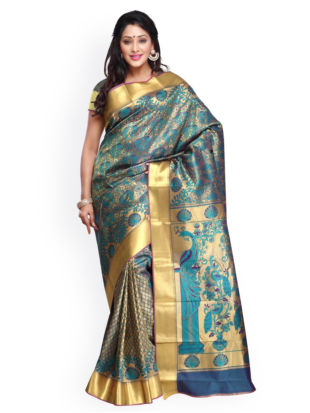 

Varkala Silk Sarees Turquoise Blue & Gold-Toned Brocade Art Silk Traditional Saree