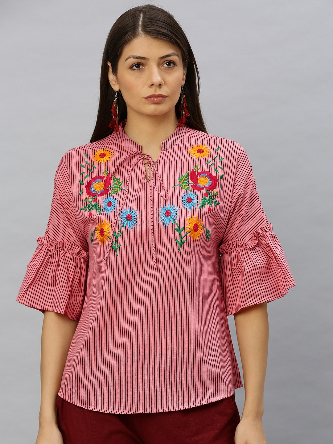 

YASH GALLERY Women Pink & Black Embroidered Bell-Sleeved Top