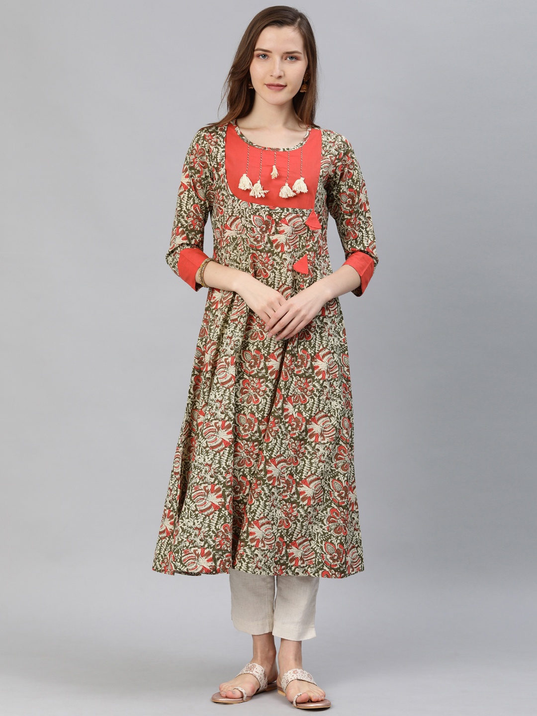 

YASH GALLERY Women Peach-Coloured & Olive Green Printed A-Line Kurta With Tassel Details