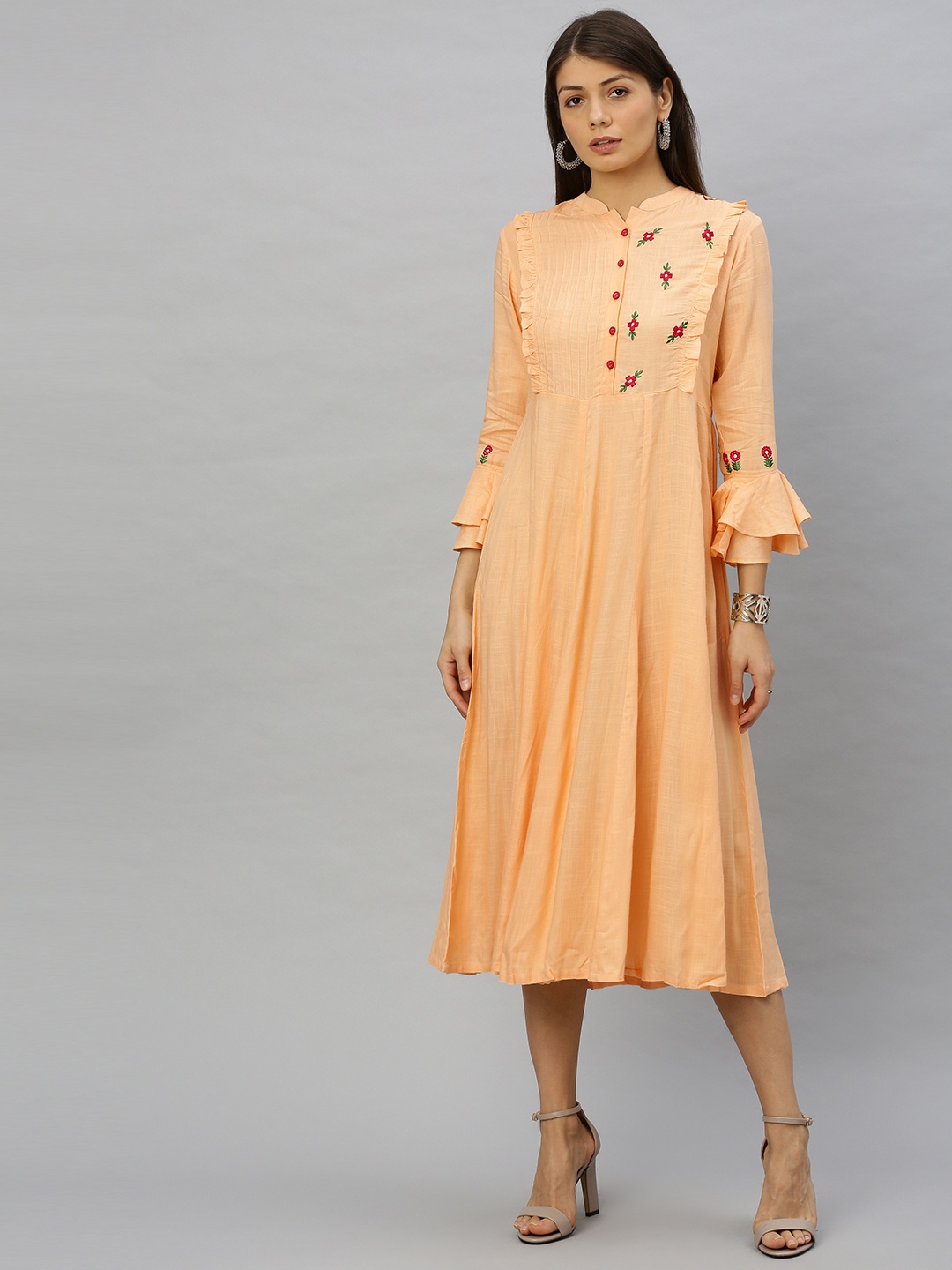 

YASH GALLERY Women Cream-Coloured Embroidered Fit and Flare Dress