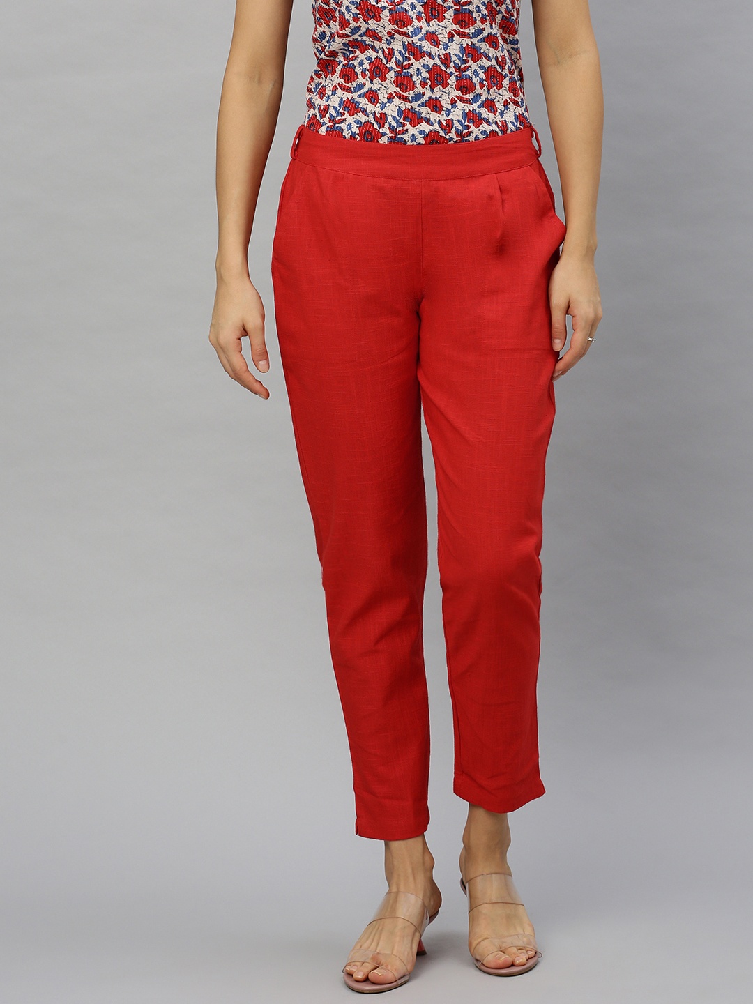 

YASH GALLERY Women Red Straight Fit Solid Cropped Cigarette Trousers