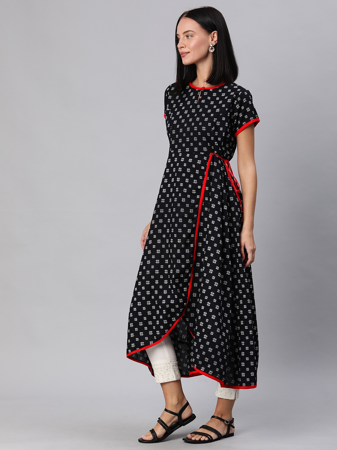 

YASH GALLERY Women Black & White Printed A-Line Wrap Asymmetric Kurta
