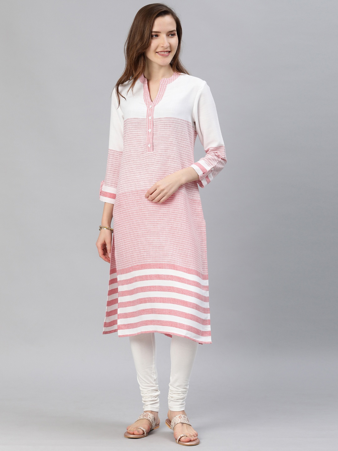 

YASH GALLERY Women White & Pink Striped Straight Kurta