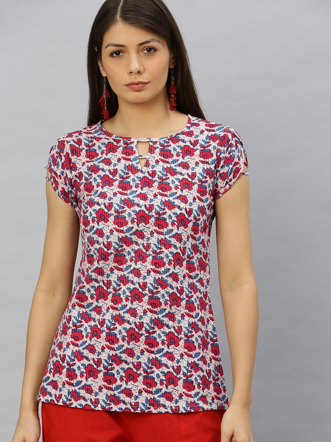 

YASH GALLERY Women Peach-Coloured & Red Floral Printed Top