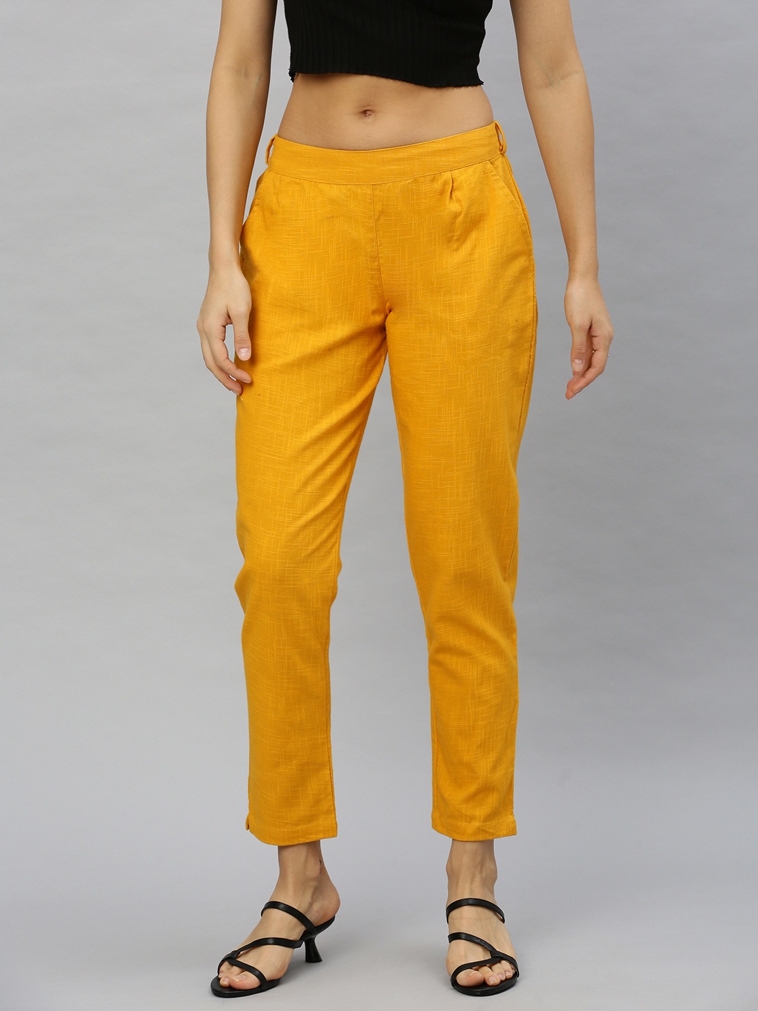 

YASH GALLERY Women Mustard Yellow Straight Fit Self Design Regular Cropped Trousers