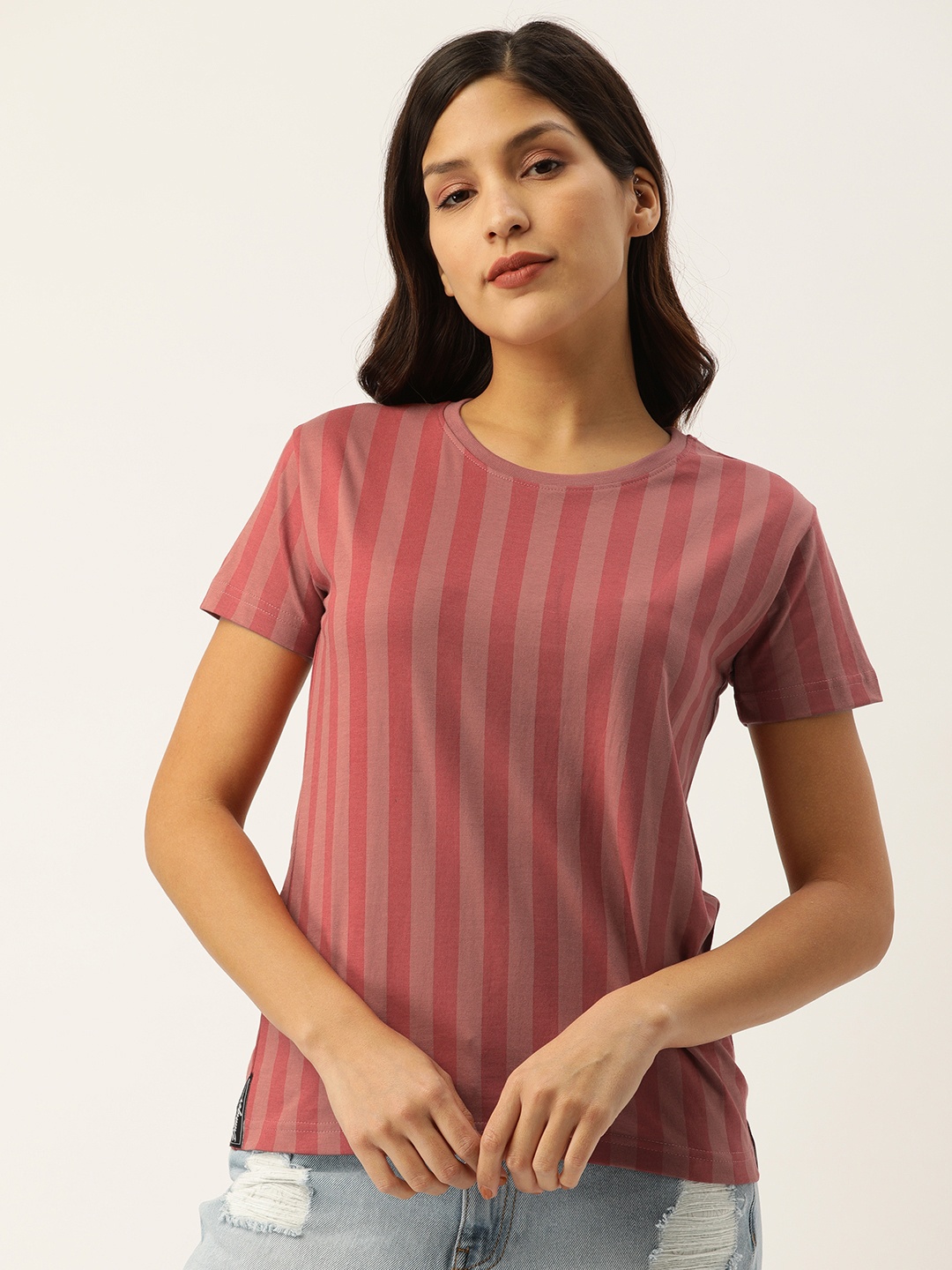 

DILLINGER Women Pink Striped Round Neck Pure Cotton T-shirt