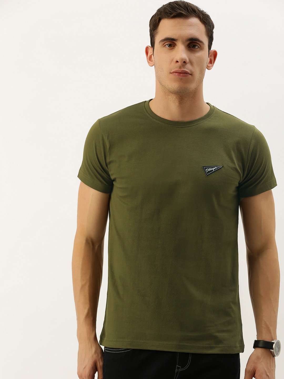 

DILLINGER Men Olive Green Solid Round Neck Pure Cotton T-shirt