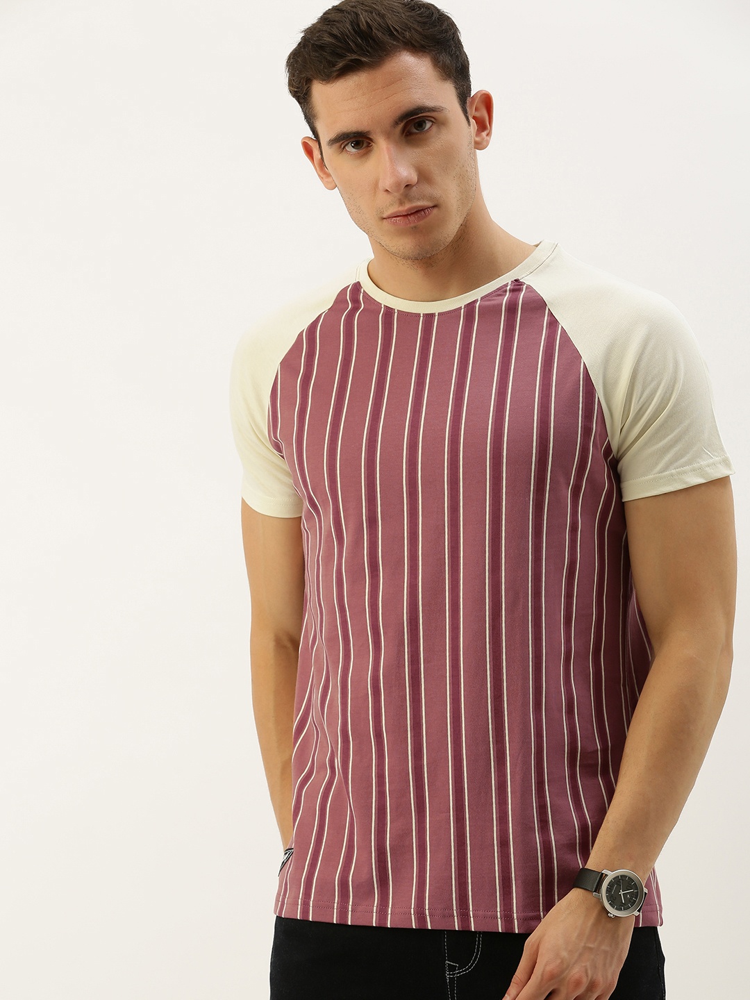 

DILLINGER Men Mauve Cream-Coloured Striped Round Neck Pure Cotton T-shirt