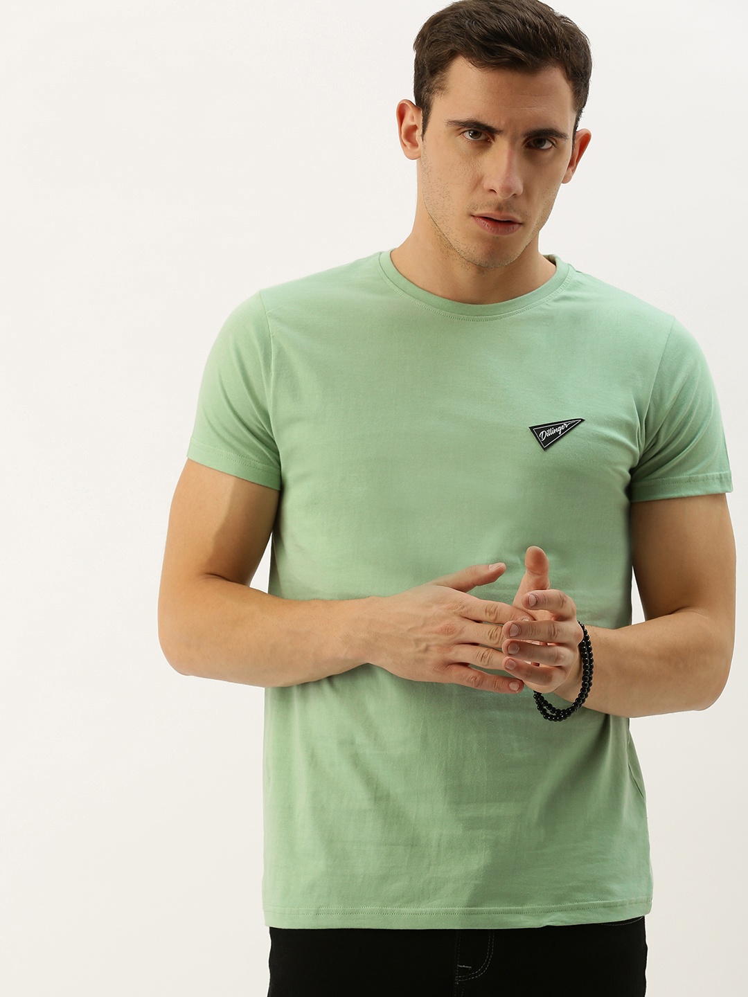 DILLINGER Men Green Solid Round Neck Pure Cotton T-shirt
