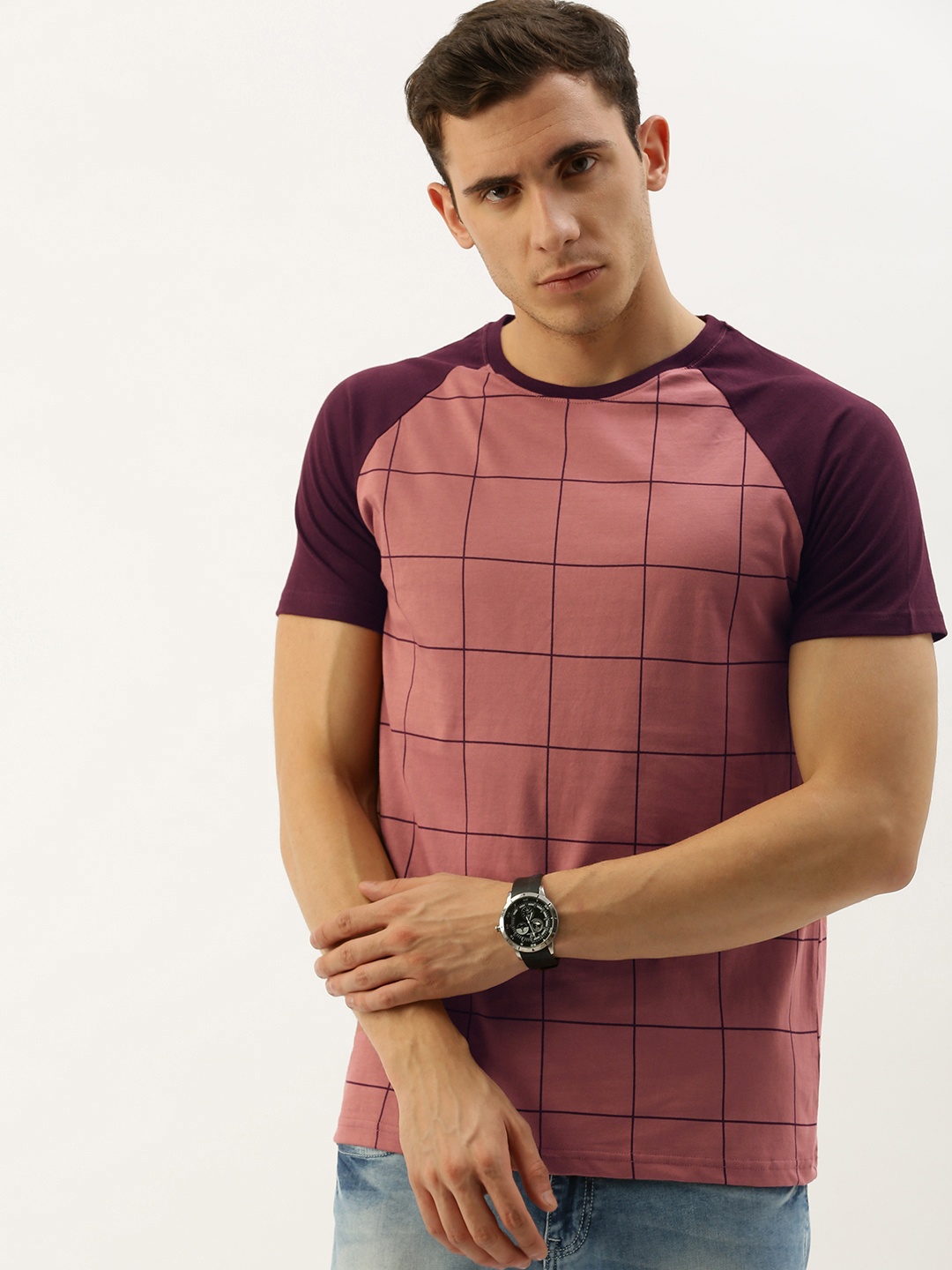 

DILLINGER Men Mauve Burgundy Checked Round Neck Pure Cotton T-shirt With Contrast Sleeves