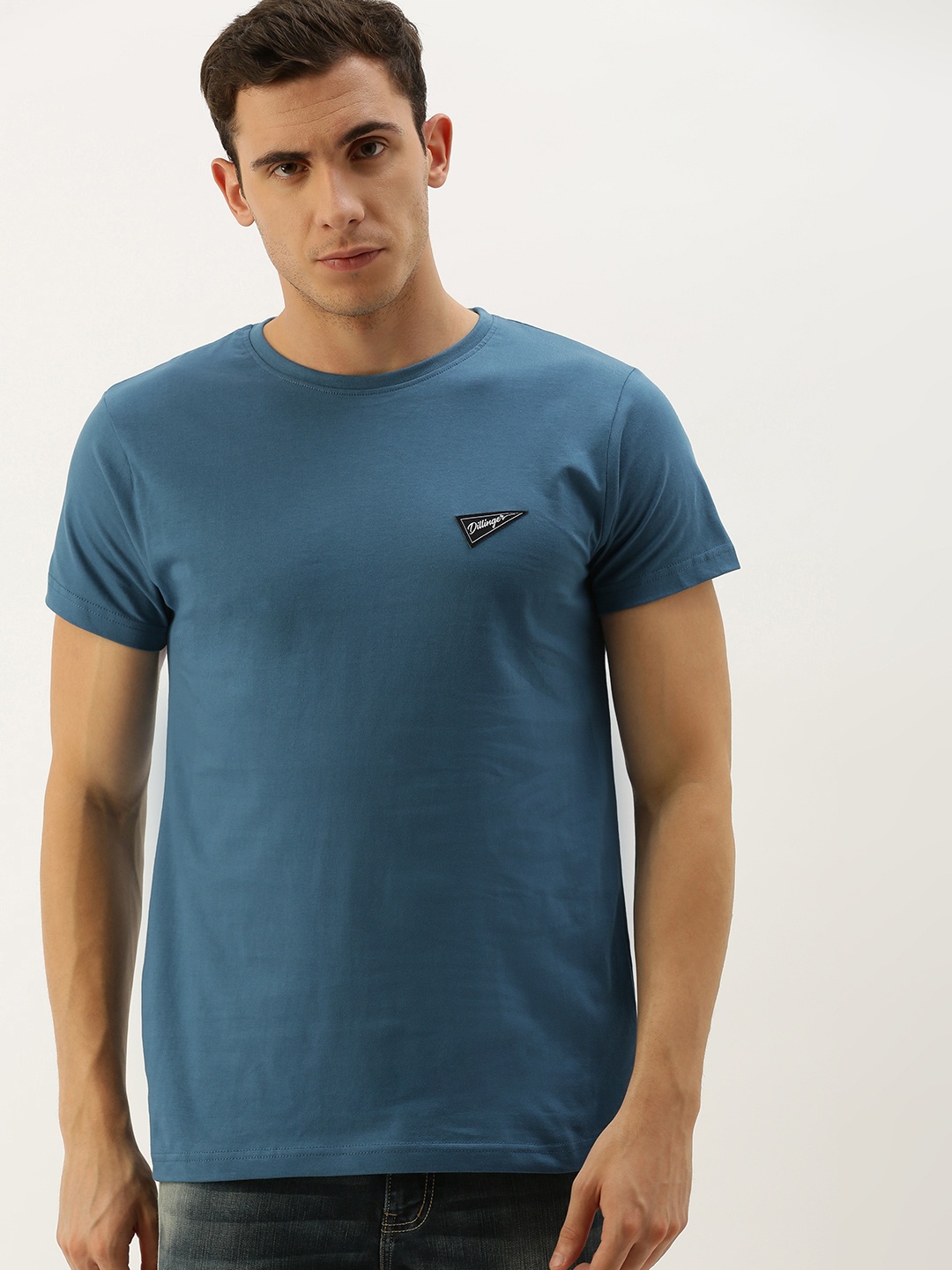 

DILLINGER Men Teal Blue Solid Round Neck Pure Cotton T-shirt