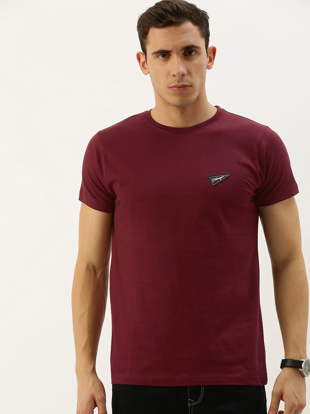 

DILLINGER Men Burgundy Solid Round Neck Pure Cotton T-shirt