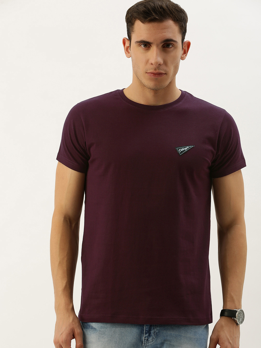 

DILLINGER Men Burgundy Solid Round Neck Pure Cotton T-shirt