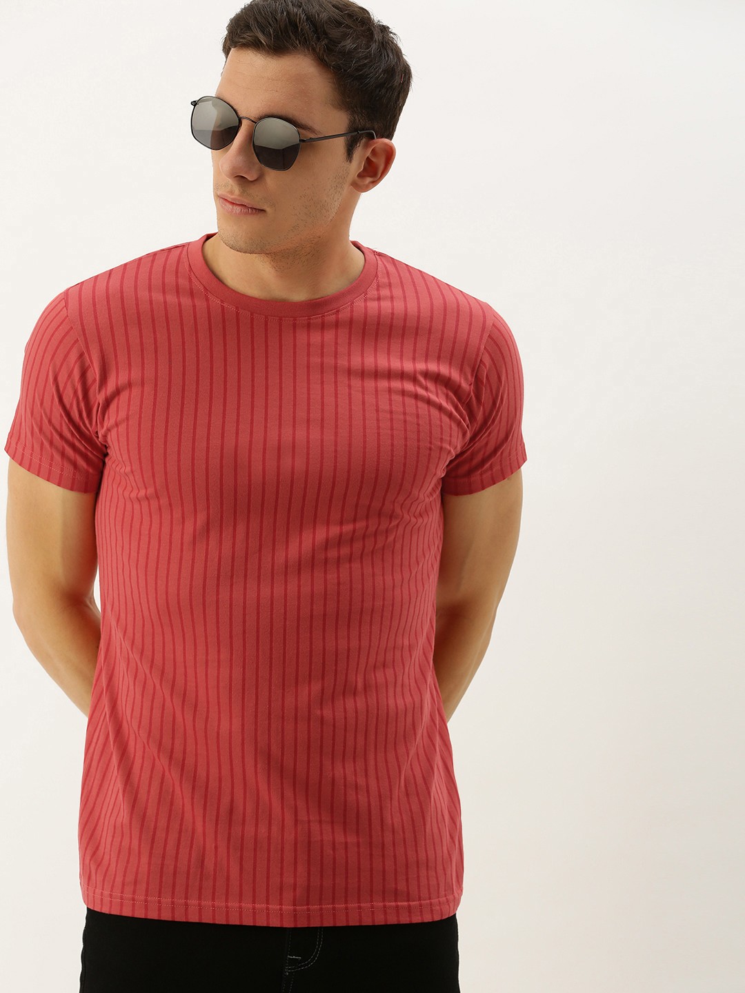 

DILLINGER Men Coral Red Striped Regular Fit Round Neck Pure Cotton T-shirt