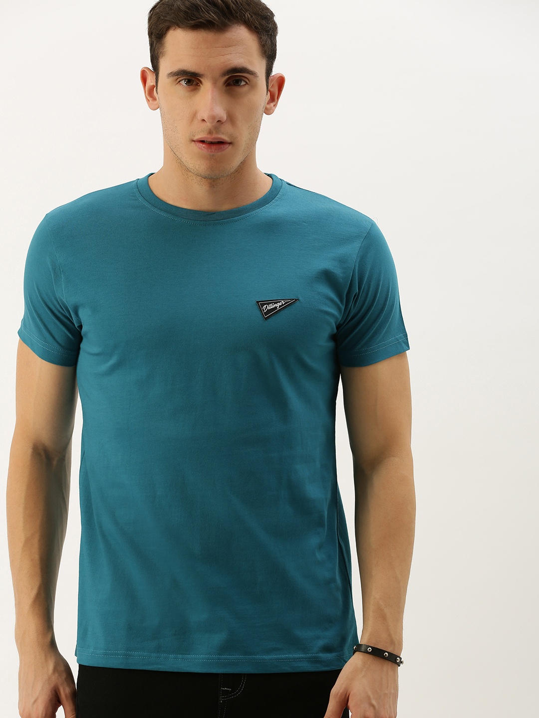 

DILLINGER Men Teal Blue Solid Round Neck Pure Cotton T-shirt